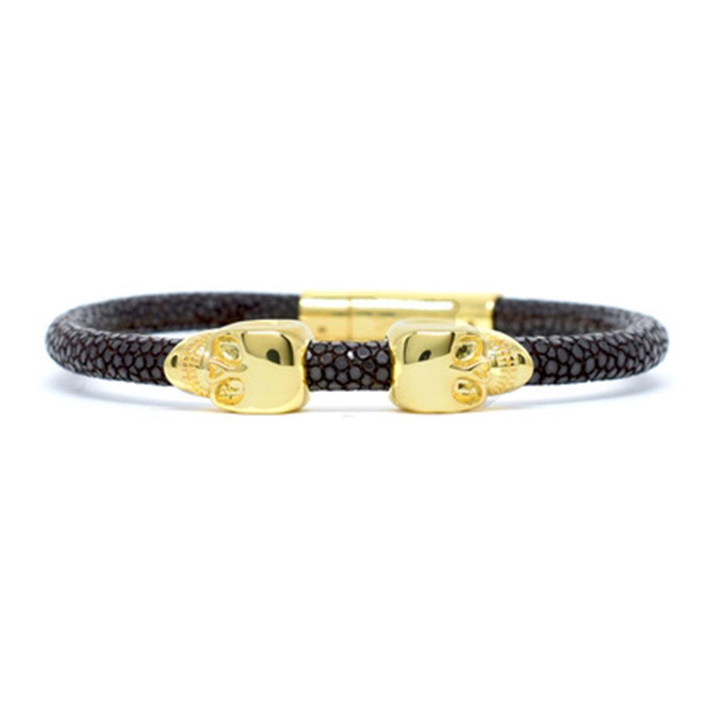 Skull Bracelet | Brown | 2 Gold Skulls | Double Bone